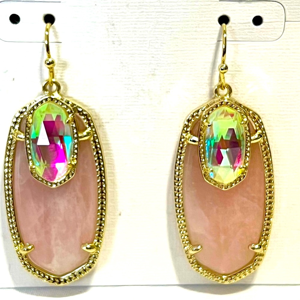 NWT Kendra Scott RARE & Retired Emmy Earrings Rose Quartz, Dichroic Yellow Gold - Picture 4 of 17